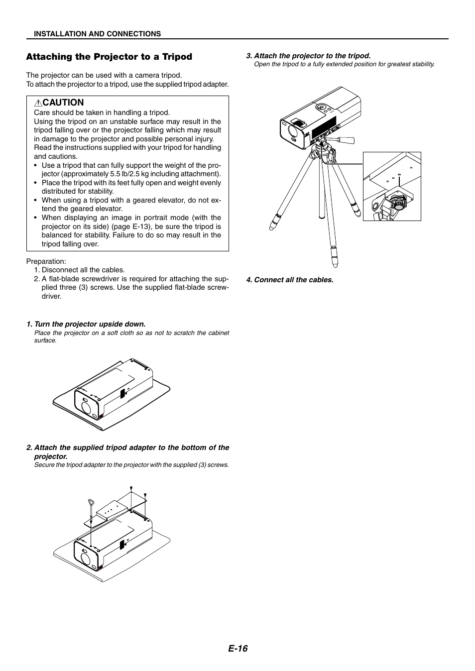 E-16, Attaching the projector to a tripod, Caution | NEC LT170 User Manual | Page 16 / 45