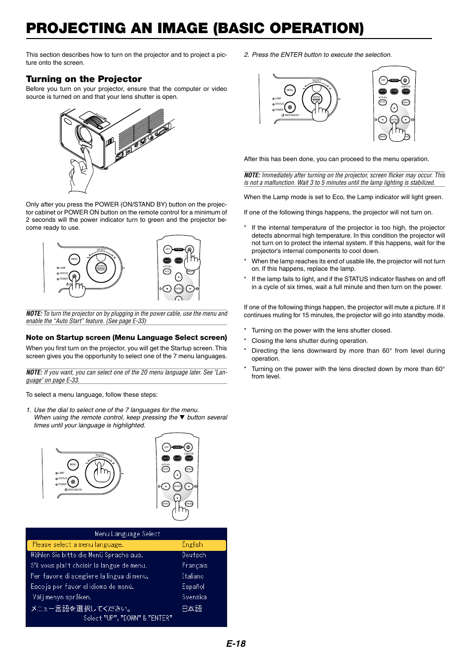Projecting an image (basic operation), E-18, Turning on the projector | Press the enter button to execute the selection | NEC LT170 User Manual | Page 18 / 45