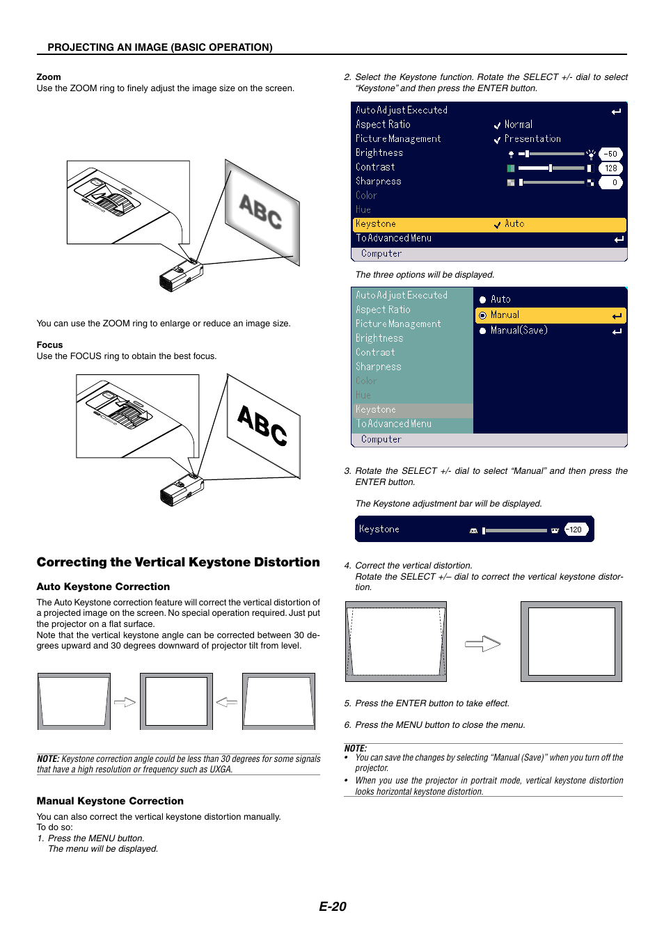 E-20, Correcting the vertical keystone distortion | NEC LT170 User Manual | Page 20 / 45