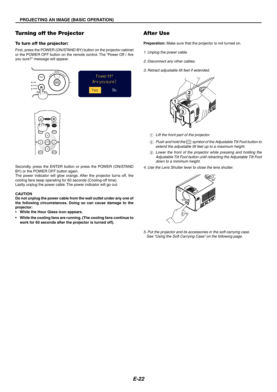 E-22 turning off the projector, After use, Projecting an image (basic operation) | Pu sh clos e, Zoo m foc us me nu so urc e en ter se le ct, Pus h | NEC LT170 User Manual | Page 22 / 45