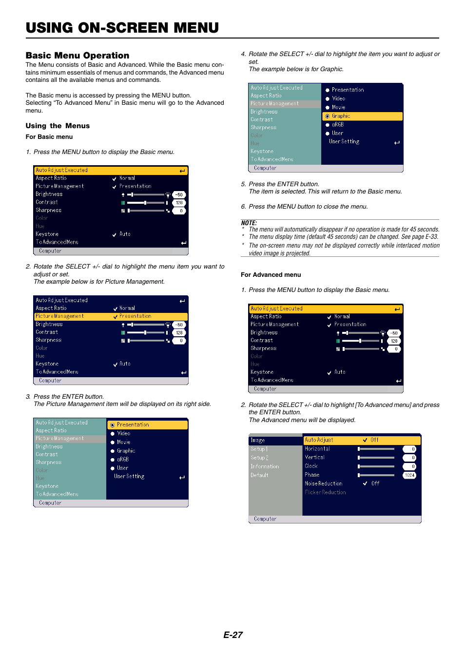 Using on-screen menu, E-27, Basic menu operation | NEC LT170 User Manual | Page 27 / 45