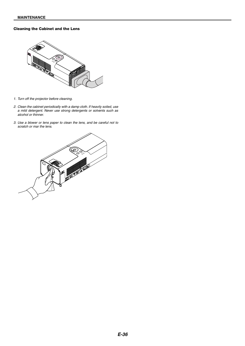 E-36, Maintenance, El ec t | Os e | NEC LT170 User Manual | Page 36 / 45