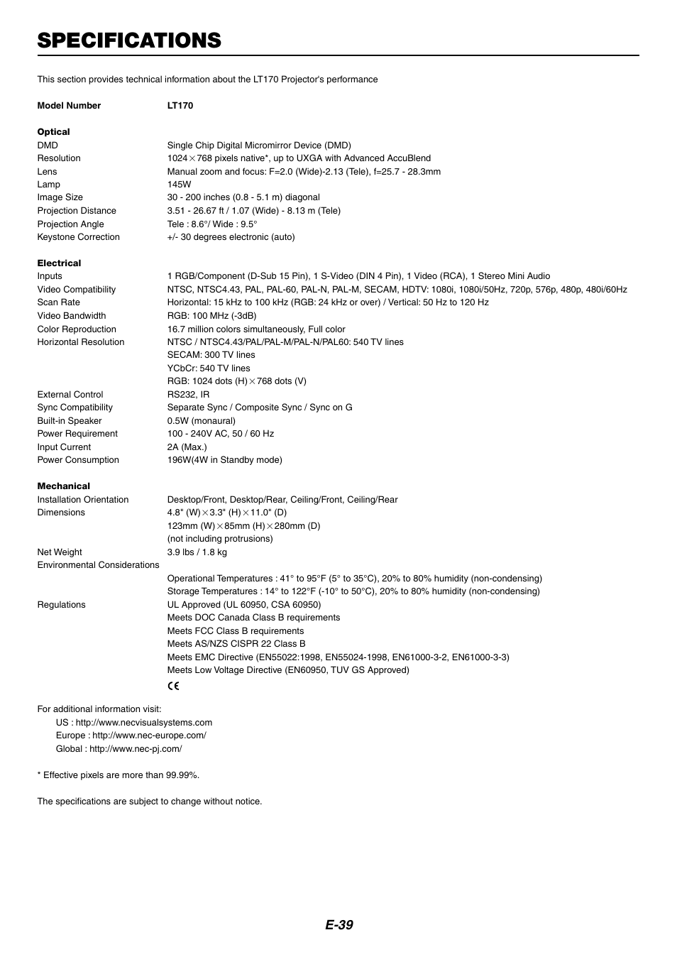 Specifications, E-39 | NEC LT170 User Manual | Page 39 / 45