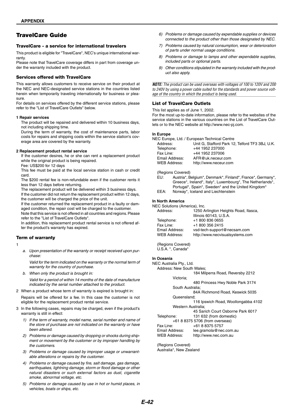 E-42 travelcare guide | NEC LT170 User Manual | Page 42 / 45