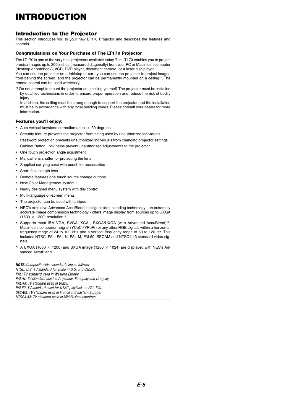 Introduction, Introduction to the projector | NEC LT170 User Manual | Page 5 / 45