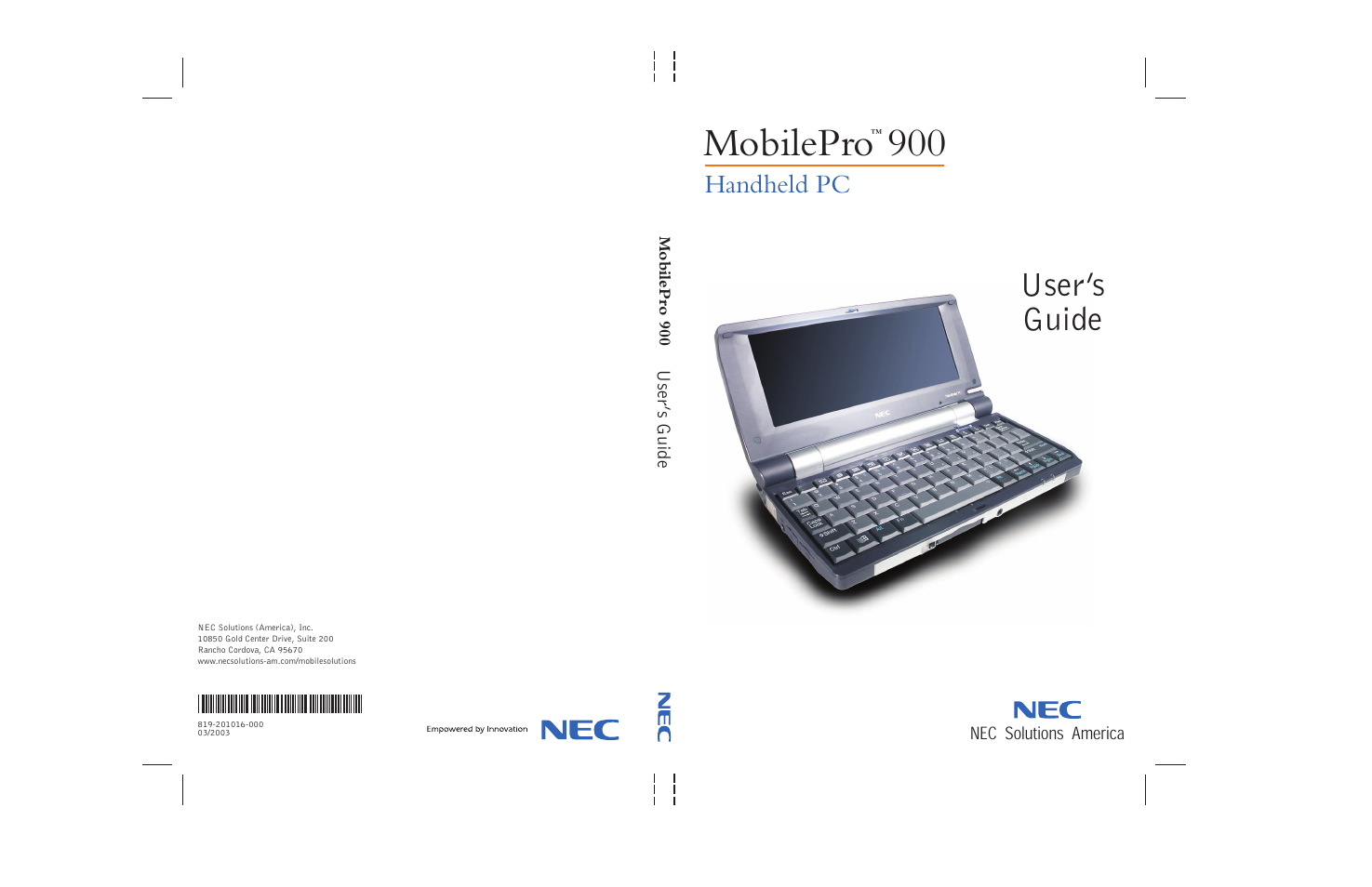 Document number, Mobilepro, User’s guide | Handheld pc | NEC MOBILEPRO 900 User Manual | Page 132 / 132