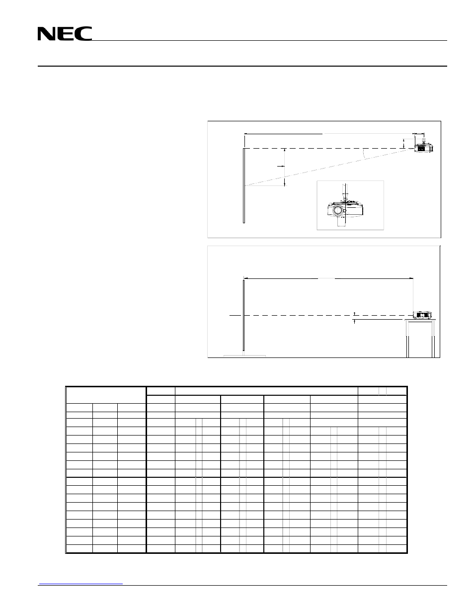 Nec solutions (america), inc, Desktop and ceiling mount, Ceiling mount installation desktop installation | Distance chart for popular 4:3 screens | NEC NP1000 User Manual | Page 2 / 9