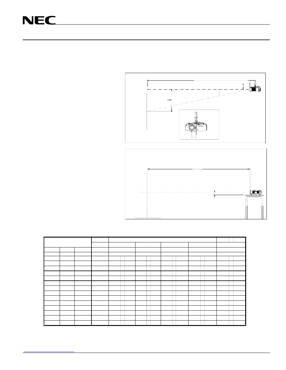 Nec solutions (america), inc, Desktop and ceiling mount, Ceiling mount installation | Desktop installation, Distance chart for popular 16:9 screens | NEC NP1000 User Manual | Page 3 / 9