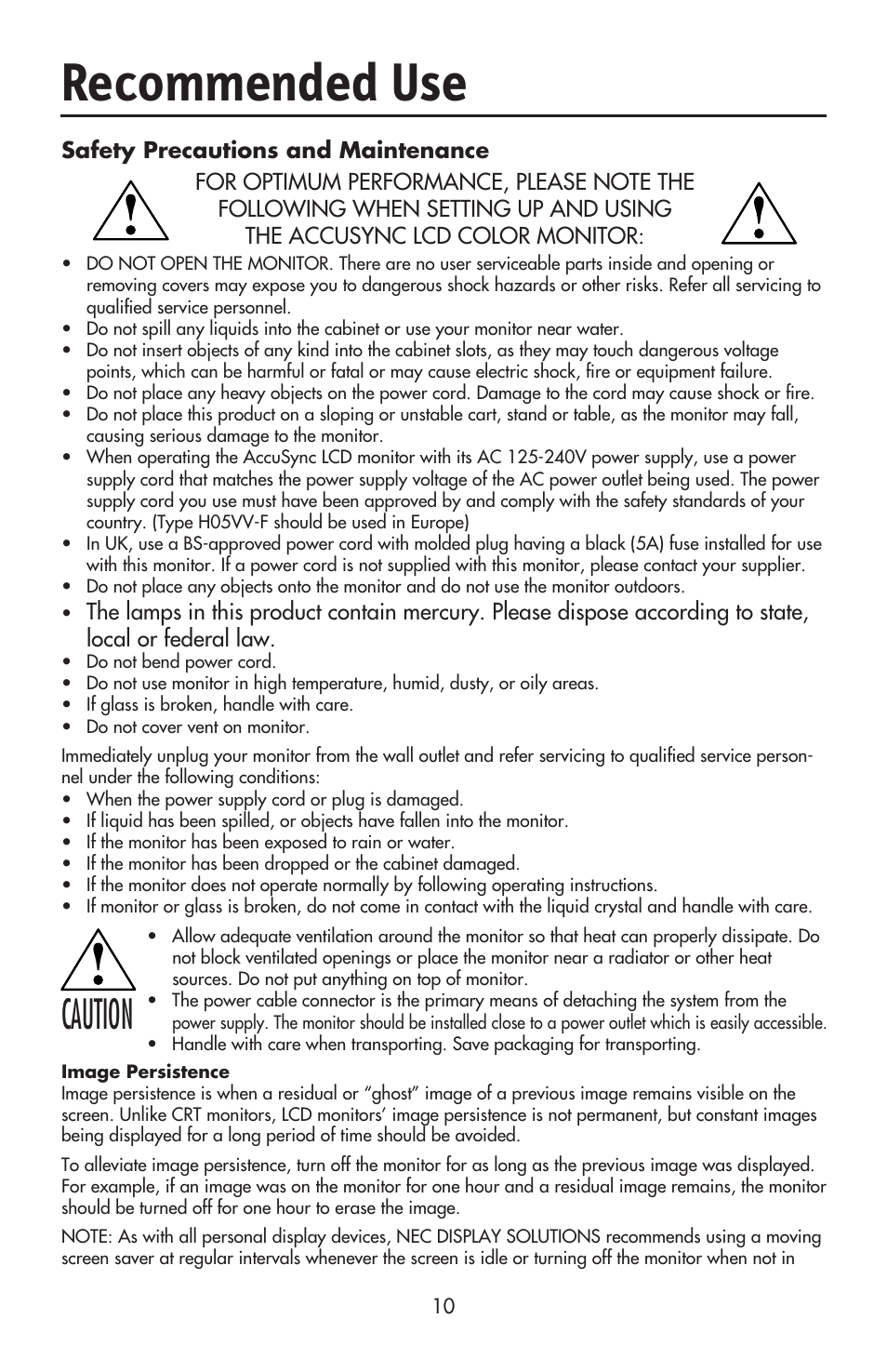 Recommended use, Caution | NEC ACCUSYNC LCD52V User Manual | Page 12 / 66