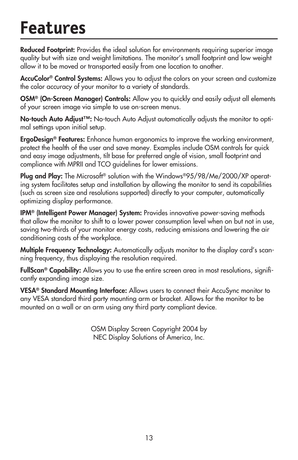 Features | NEC ACCUSYNC LCD52V User Manual | Page 15 / 66
