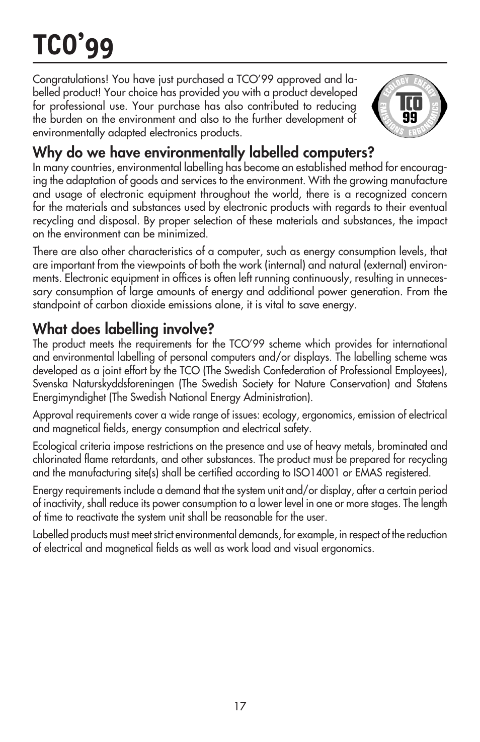 Tco’99, Why do we have environmentally labelled computers, What does labelling involve | NEC ACCUSYNC LCD52V User Manual | Page 19 / 66