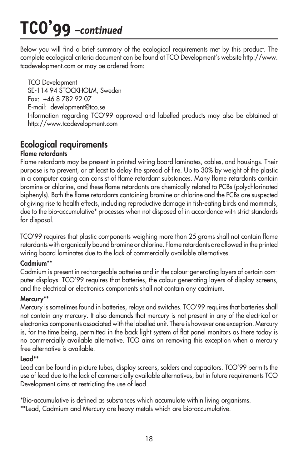 Tco’99, Continued, Ecological requirements | NEC ACCUSYNC LCD52V User Manual | Page 20 / 66
