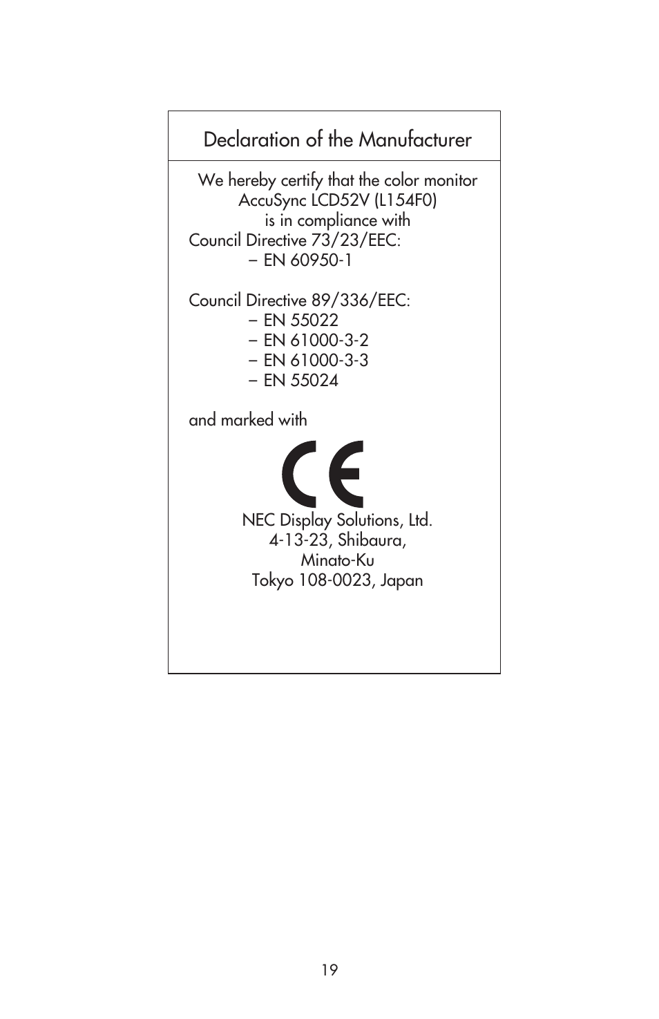 Declaration of the manufacturer | NEC ACCUSYNC LCD52V User Manual | Page 21 / 66