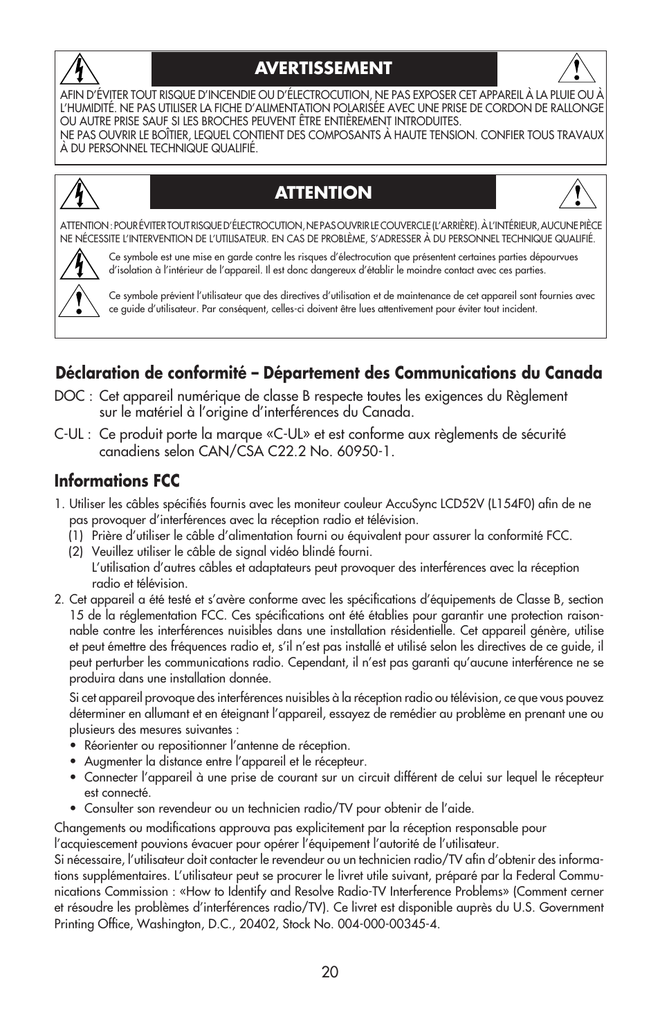 Avertissement attention, Informations fcc | NEC ACCUSYNC LCD52V User Manual | Page 22 / 66