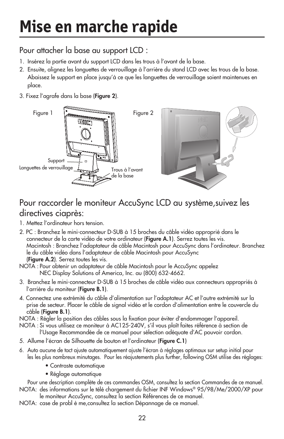 Mise en marche rapide, Pour attacher la base au support lcd | NEC ACCUSYNC LCD52V User Manual | Page 24 / 66