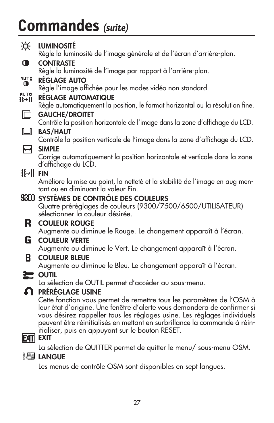 Commandes, Suite) | NEC ACCUSYNC LCD52V User Manual | Page 29 / 66