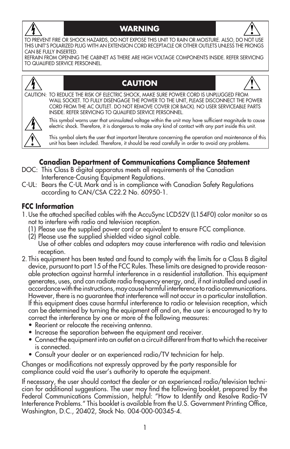 Fcc information | NEC ACCUSYNC LCD52V User Manual | Page 3 / 66