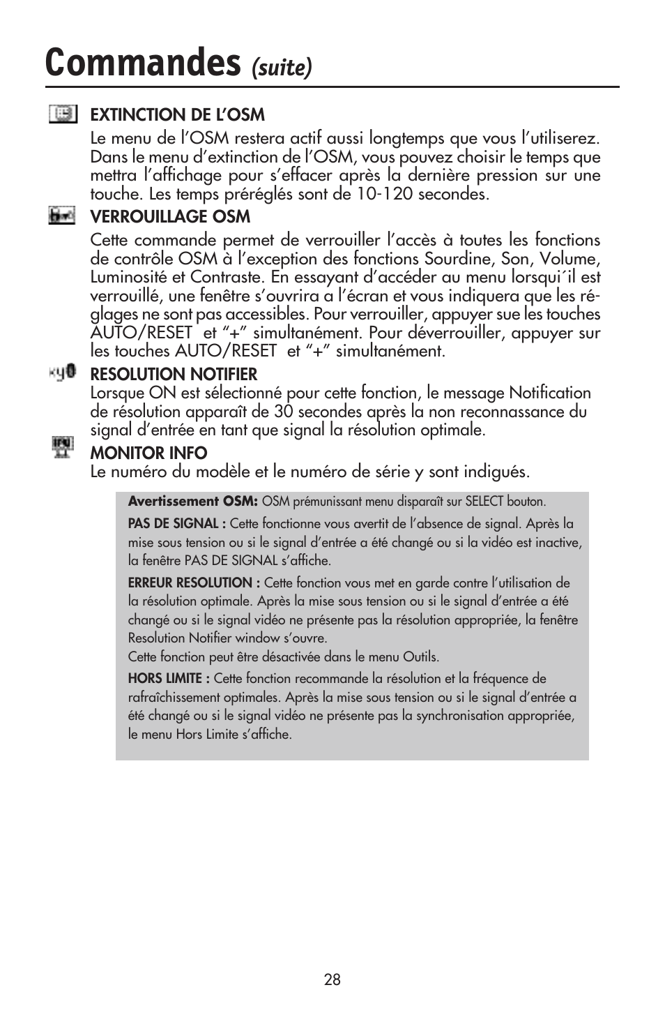 Commandes, Suite) | NEC ACCUSYNC LCD52V User Manual | Page 30 / 66