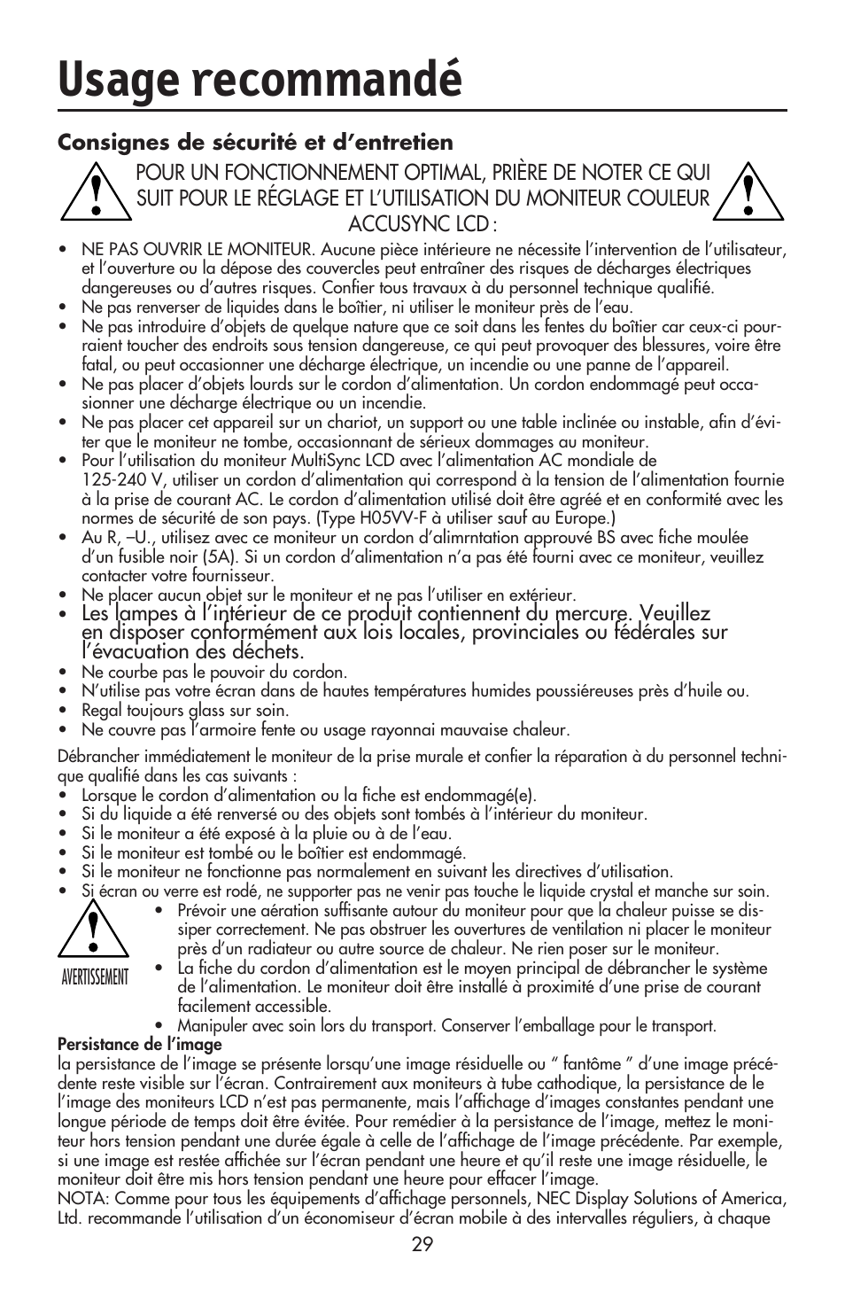 Usage recommandé, Avertissement | NEC ACCUSYNC LCD52V User Manual | Page 31 / 66