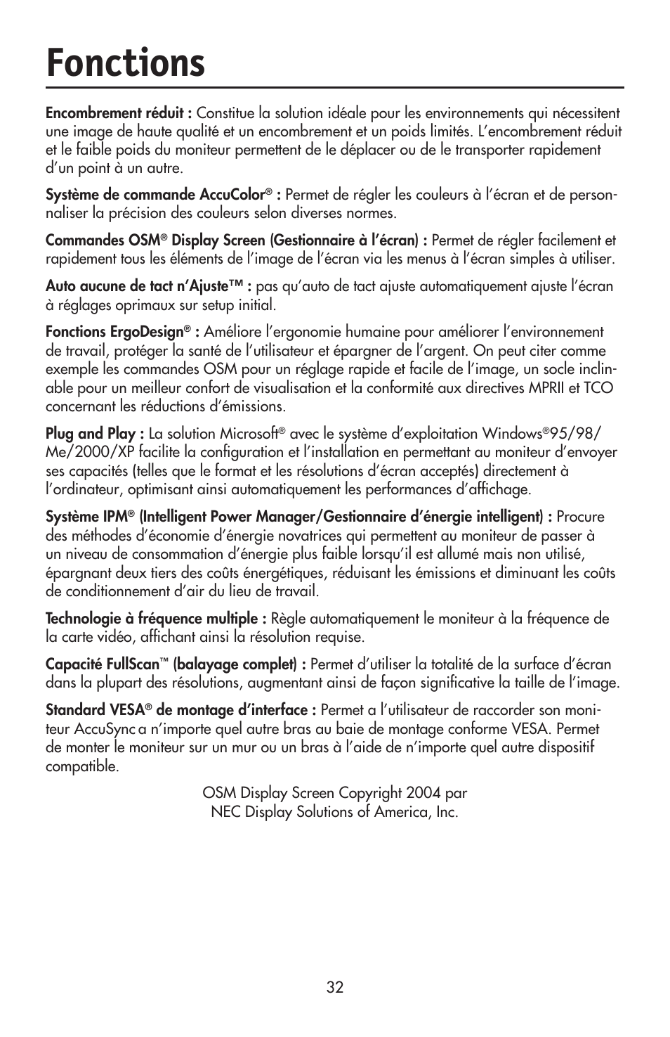 Fonctions | NEC ACCUSYNC LCD52V User Manual | Page 34 / 66