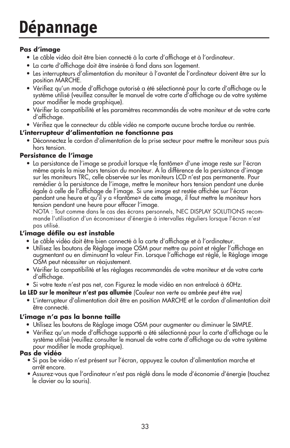 Dépannage | NEC ACCUSYNC LCD52V User Manual | Page 35 / 66