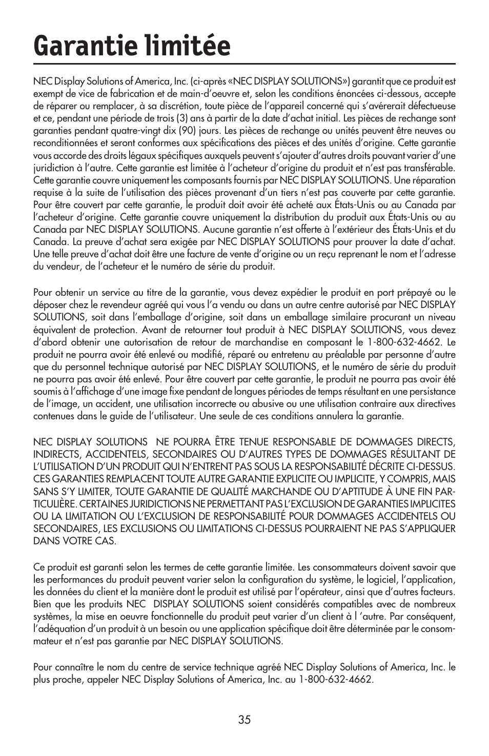 Garantie limitée | NEC ACCUSYNC LCD52V User Manual | Page 37 / 66