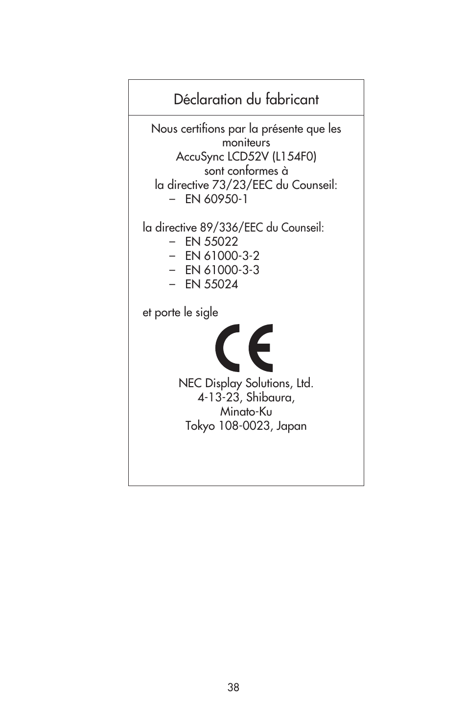 Déclaration du fabricant | NEC ACCUSYNC LCD52V User Manual | Page 40 / 66