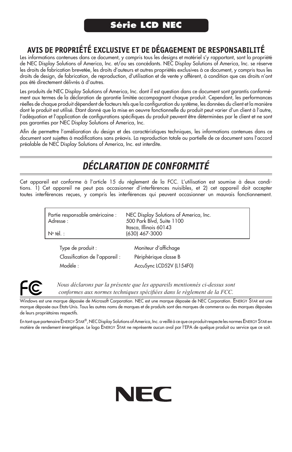 Déclaration de conformité, Avis de propri, Exclusive et de d | Gagement de responsabilit, Série lcd nec | NEC ACCUSYNC LCD52V User Manual | Page 41 / 66