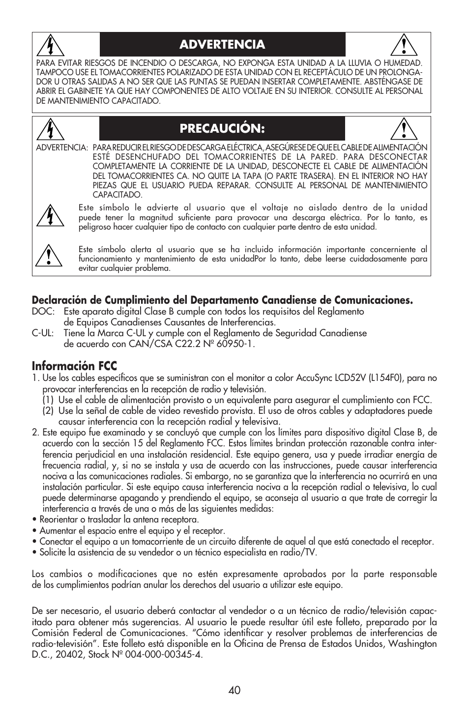 Advertencia precaución, Información fcc | NEC ACCUSYNC LCD52V User Manual | Page 42 / 66