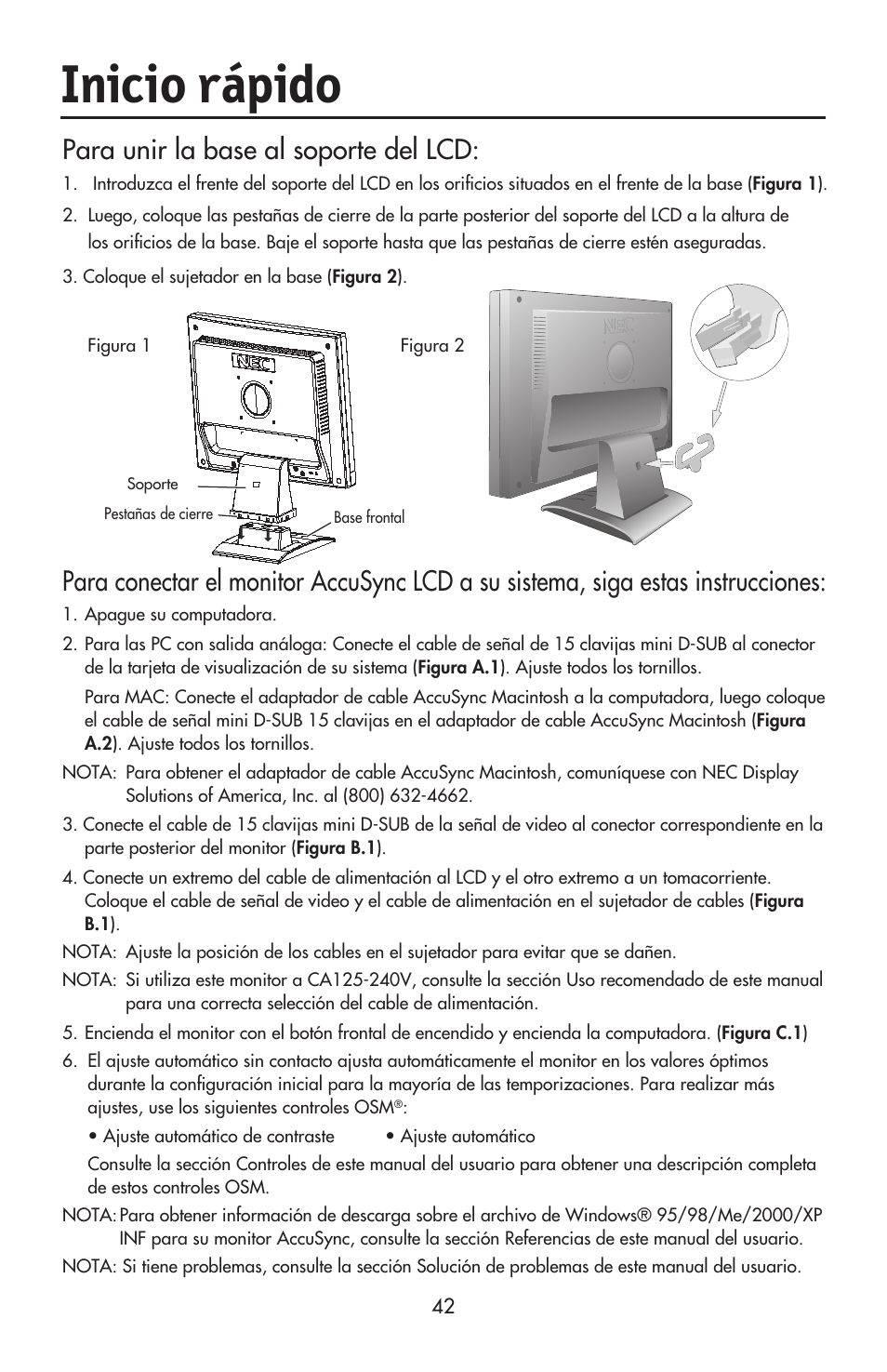 Inicio rápido, Para unir la base al soporte del lcd | NEC ACCUSYNC LCD52V User Manual | Page 44 / 66