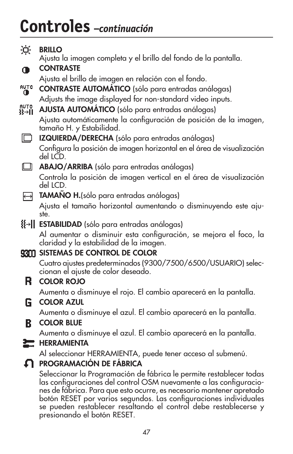 Controles, Continuación | NEC ACCUSYNC LCD52V User Manual | Page 49 / 66