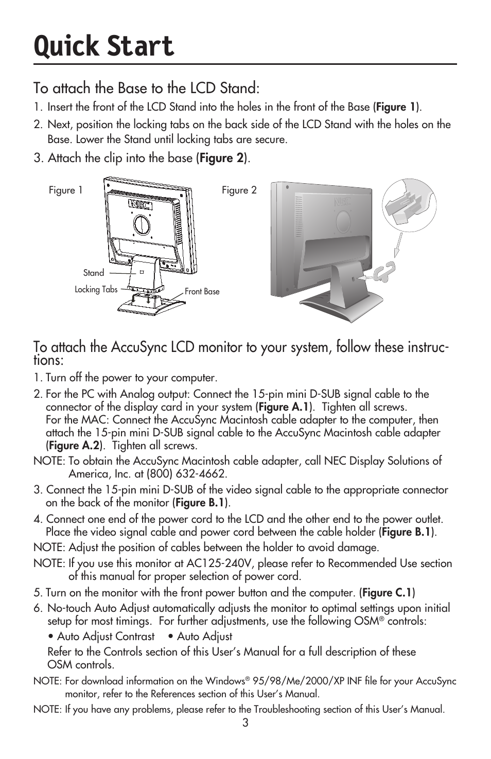 Quick start | NEC ACCUSYNC LCD52V User Manual | Page 5 / 66