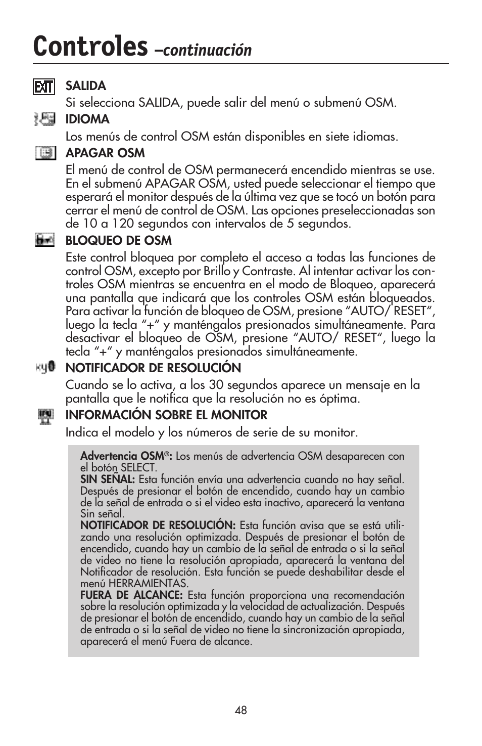 Controles, Continuación | NEC ACCUSYNC LCD52V User Manual | Page 50 / 66