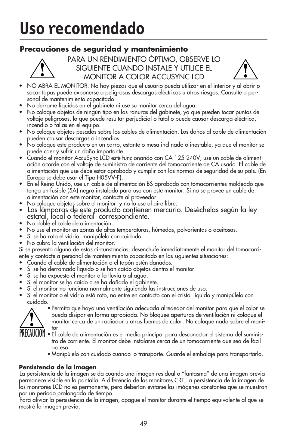 Uso recomendado, Precaución | NEC ACCUSYNC LCD52V User Manual | Page 51 / 66