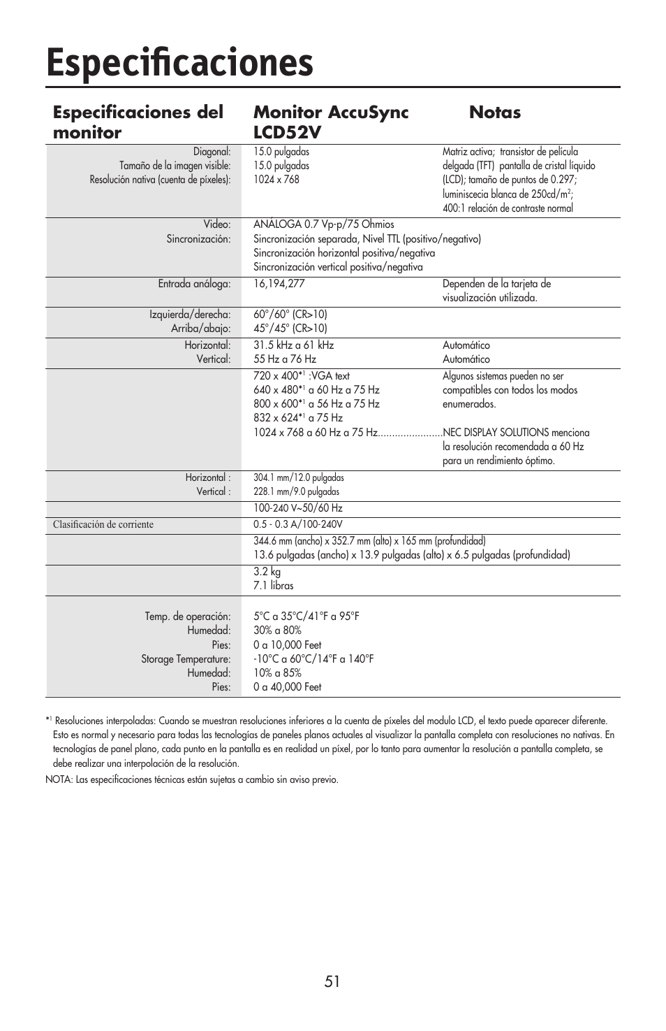 Especificaciones | NEC ACCUSYNC LCD52V User Manual | Page 53 / 66