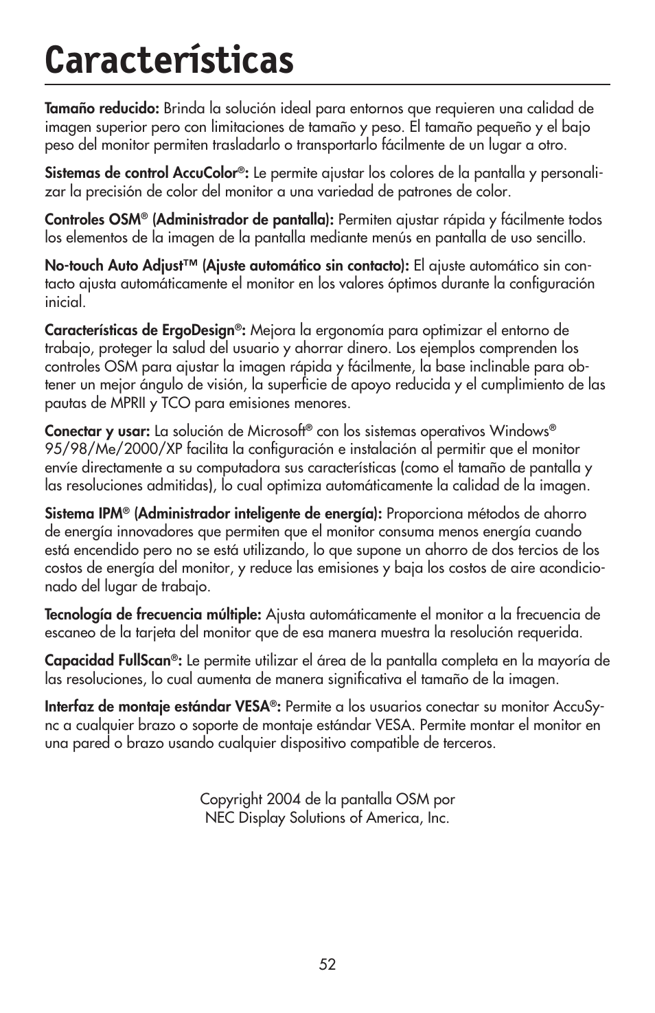 Características | NEC ACCUSYNC LCD52V User Manual | Page 54 / 66