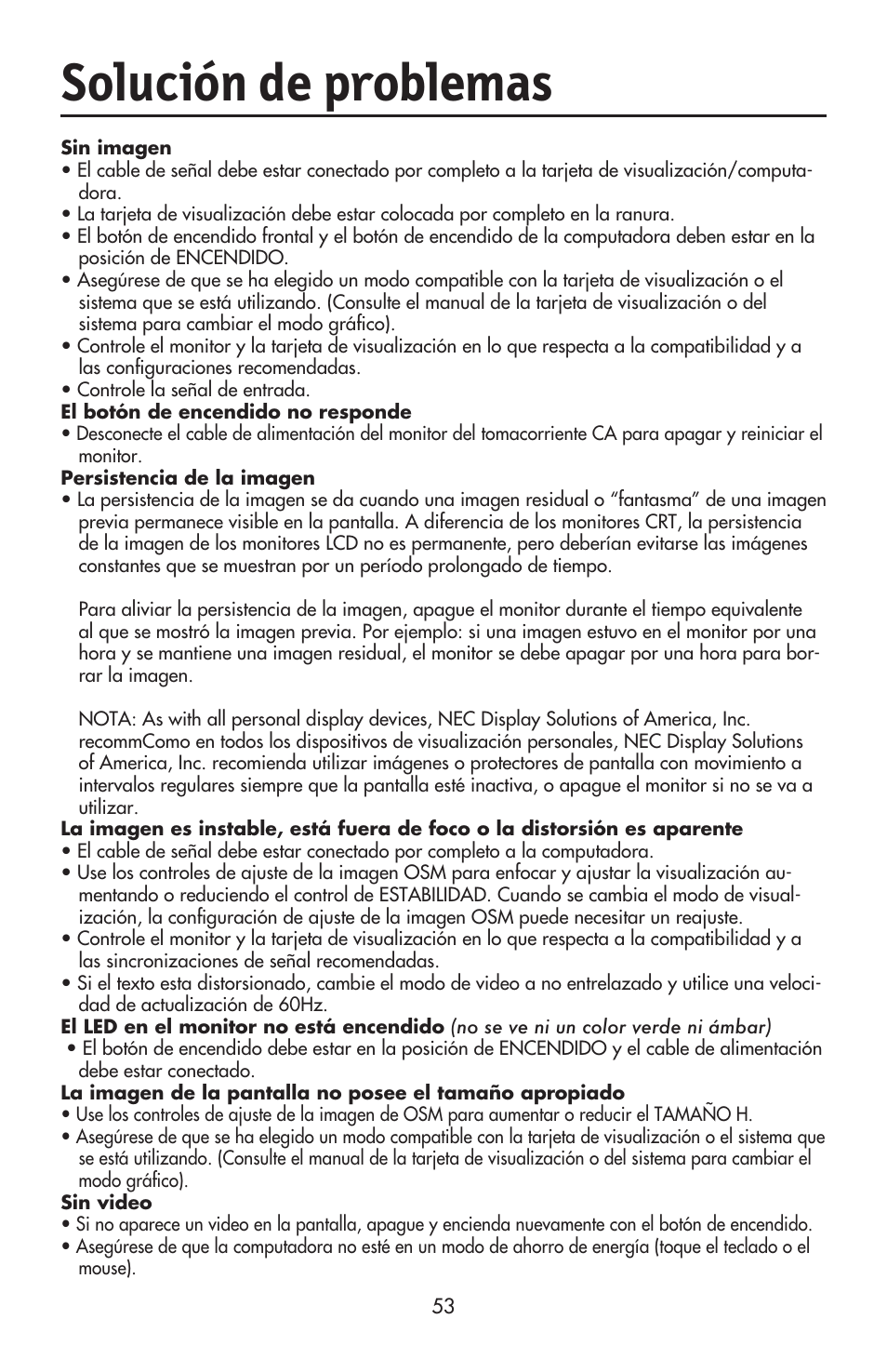 Solución de problemas | NEC ACCUSYNC LCD52V User Manual | Page 55 / 66