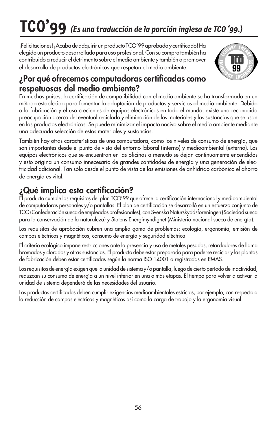 Tco’99, Qué implica esta certificación | NEC ACCUSYNC LCD52V User Manual | Page 58 / 66