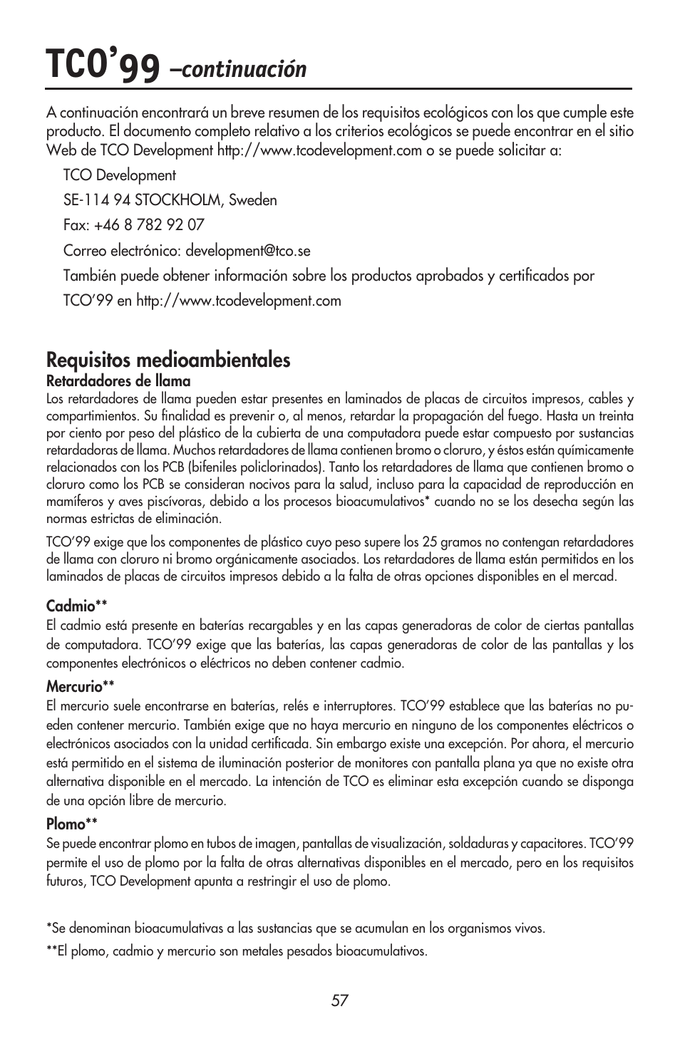 Tco’99, Continuación, Requisitos medioambientales | NEC ACCUSYNC LCD52V User Manual | Page 59 / 66