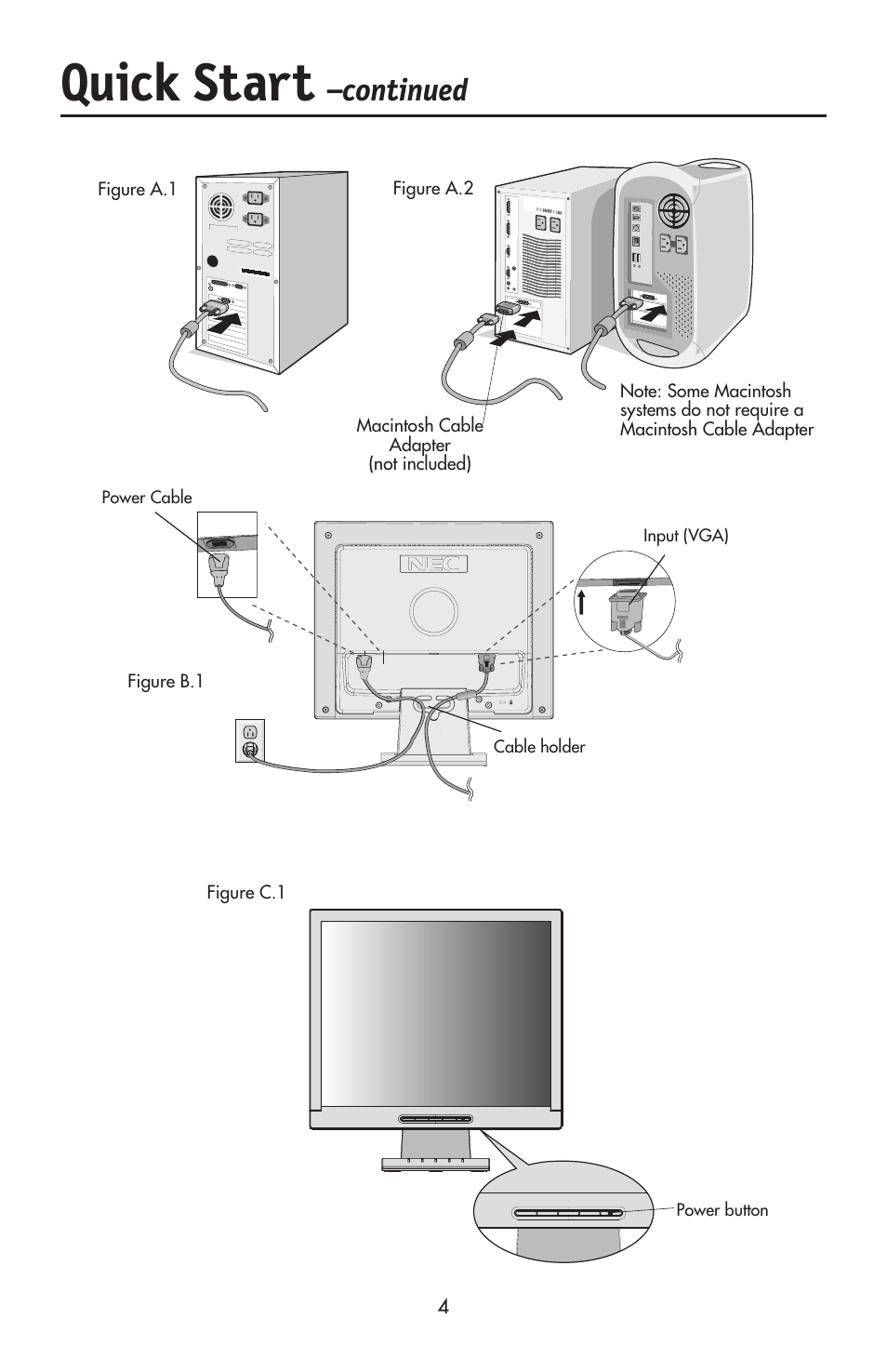 Quick start, Continued | NEC ACCUSYNC LCD52V User Manual | Page 6 / 66