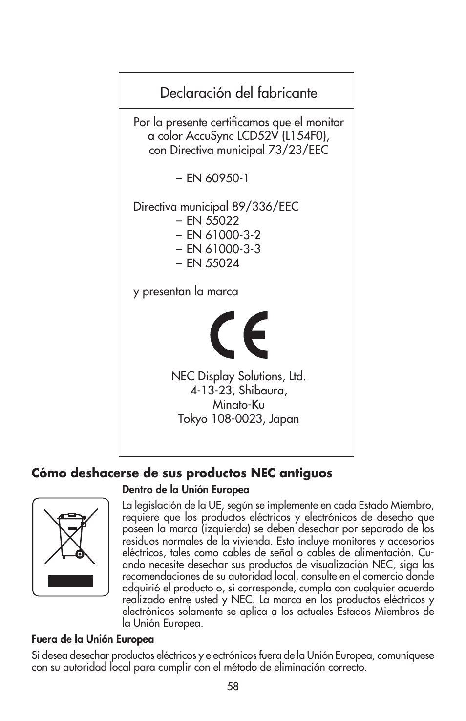 Declaración del fabricante | NEC ACCUSYNC LCD52V User Manual | Page 60 / 66