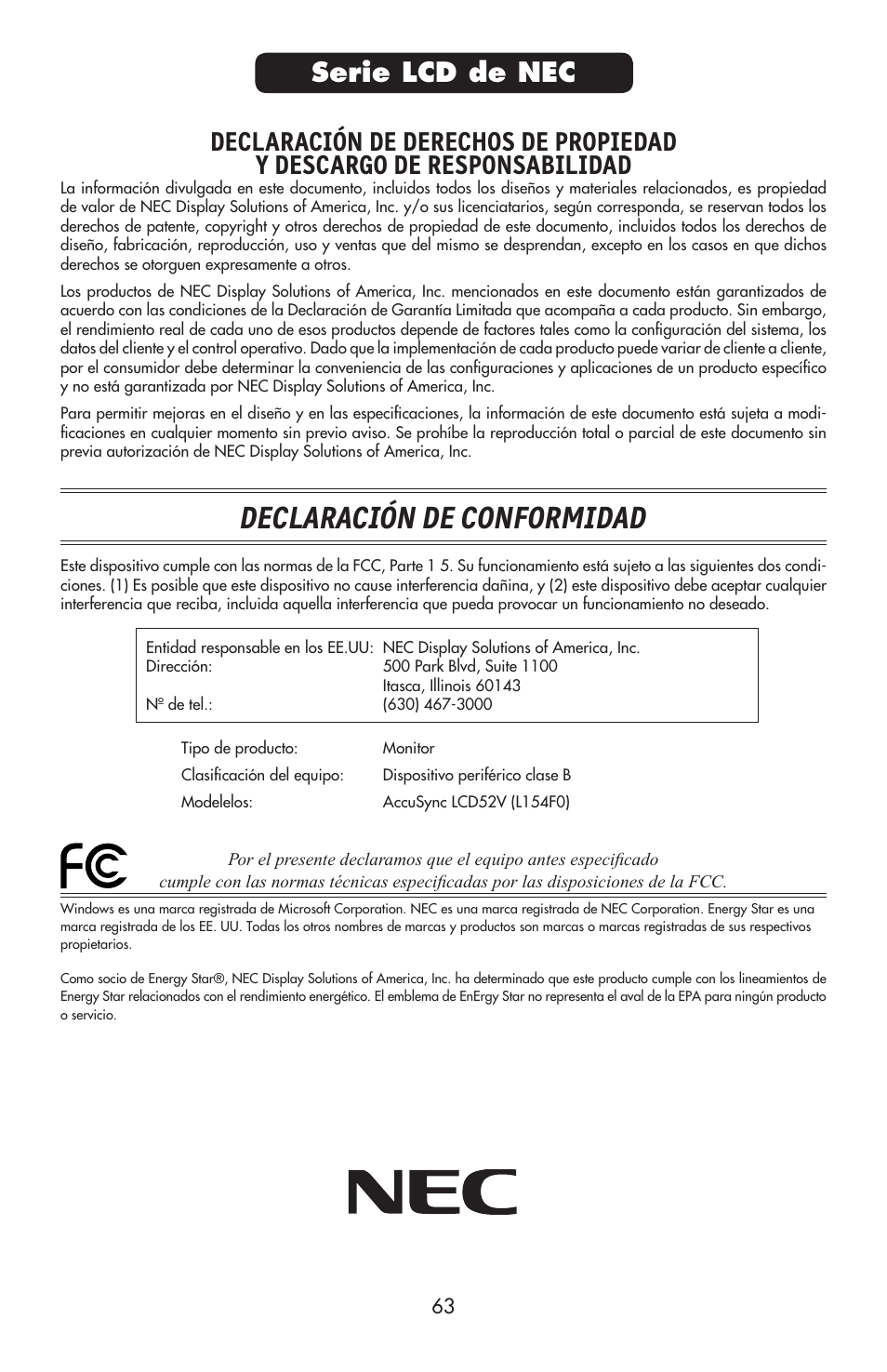 Declaración de conformidad, Serie lcd de nec | NEC ACCUSYNC LCD52V User Manual | Page 65 / 66