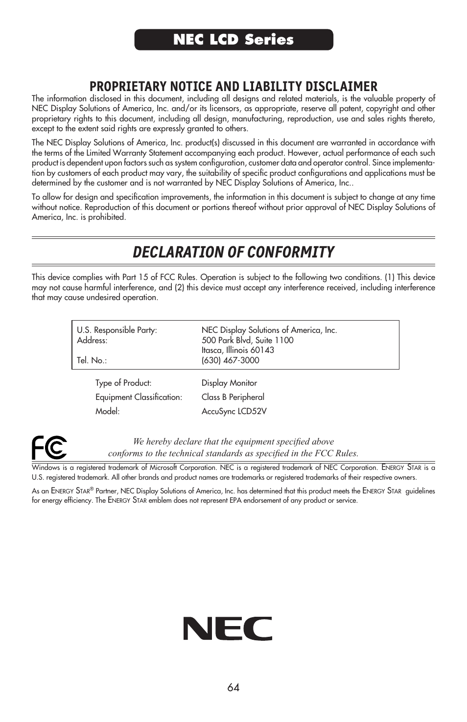 Declaration of conformity, Proprietary notice and liability disclaimer, Nec lcd series | NEC ACCUSYNC LCD52V User Manual | Page 66 / 66