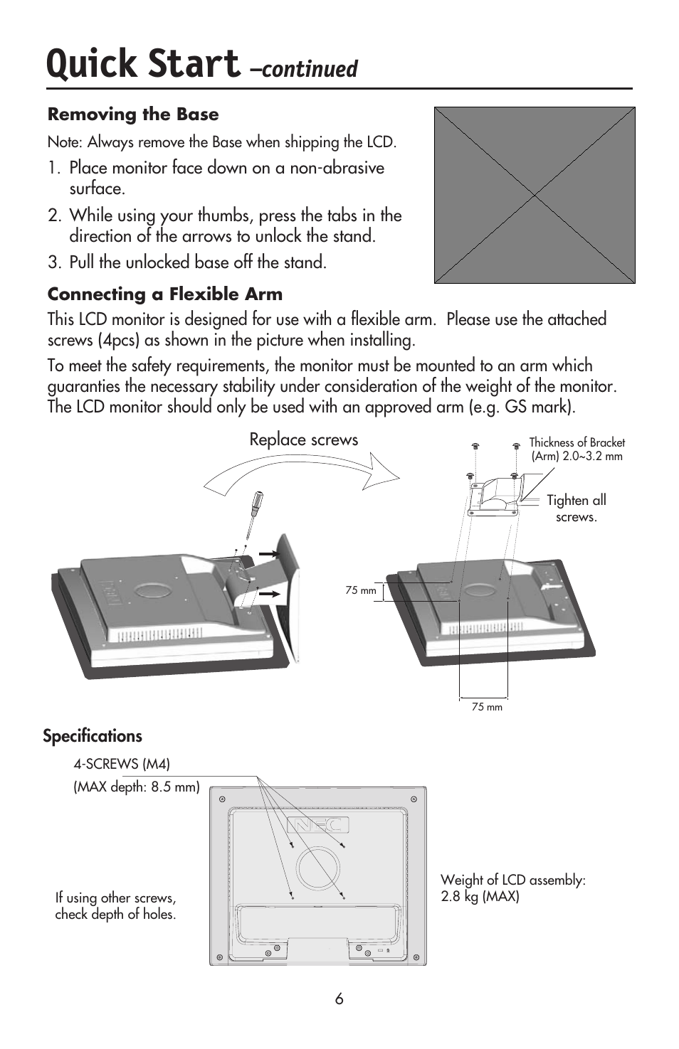 Quick start, Continued | NEC ACCUSYNC LCD52V User Manual | Page 8 / 66