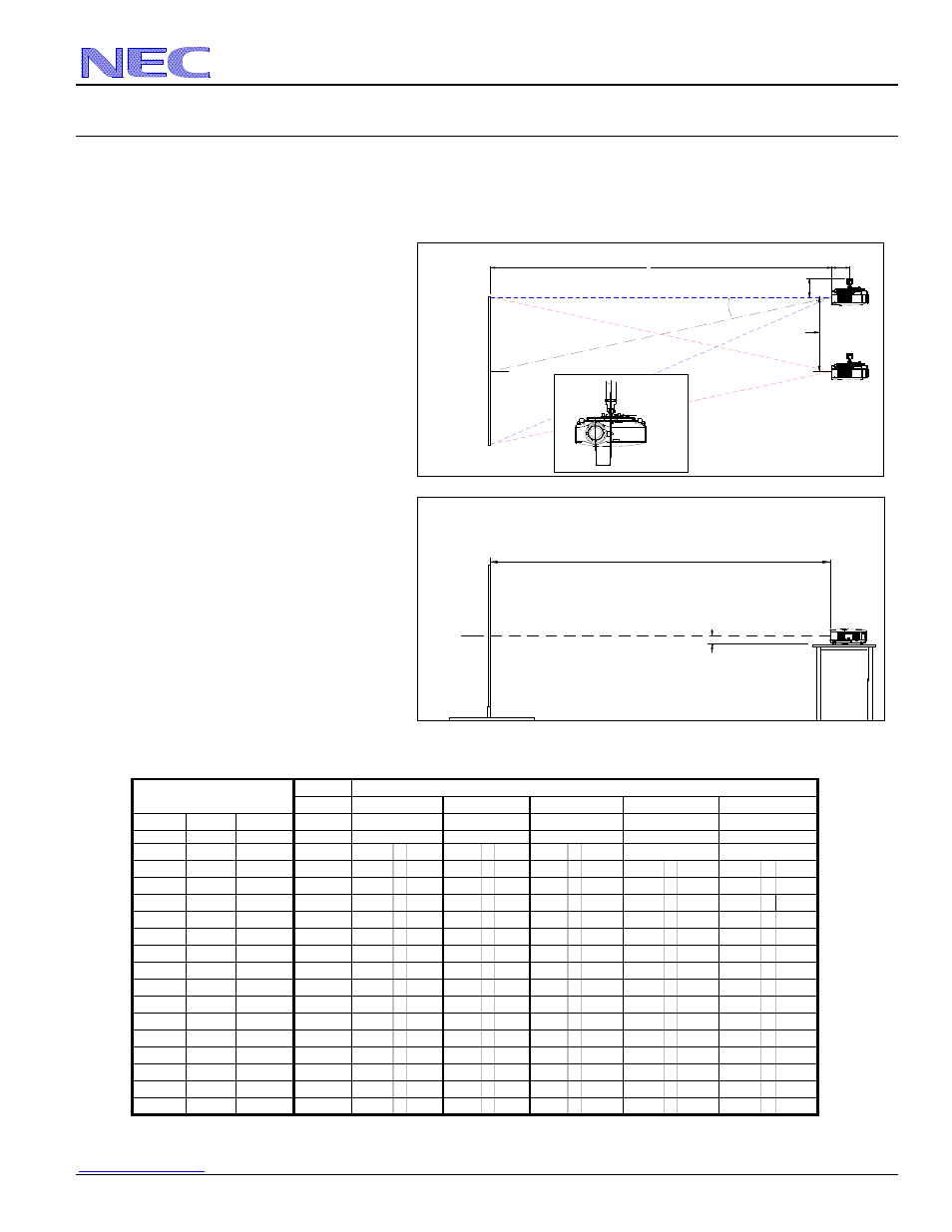 Nec display solutions of america, inc, Desktop and ceiling mount, Ceiling mount installation desktop installation | Distance chart for popular 4:3 screens | NEC NP3250 User Manual | Page 2 / 9