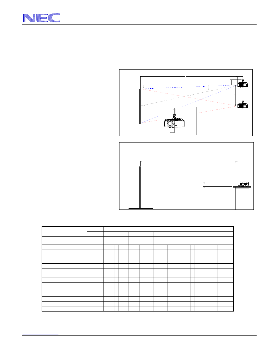 Nec display solutions of america, inc, Desktop and ceiling mount, Ceiling mount installation | Desktop installation, Distance chart for popular 16:9 screens | NEC NP3250 User Manual | Page 3 / 9