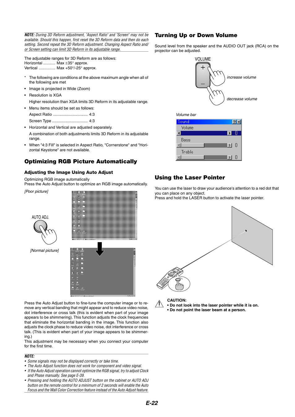 E-22 optimizing rgb picture automatically, Turning up or down volume, Using the laser pointer | NEC MT1065 User Manual | Page 26 / 70