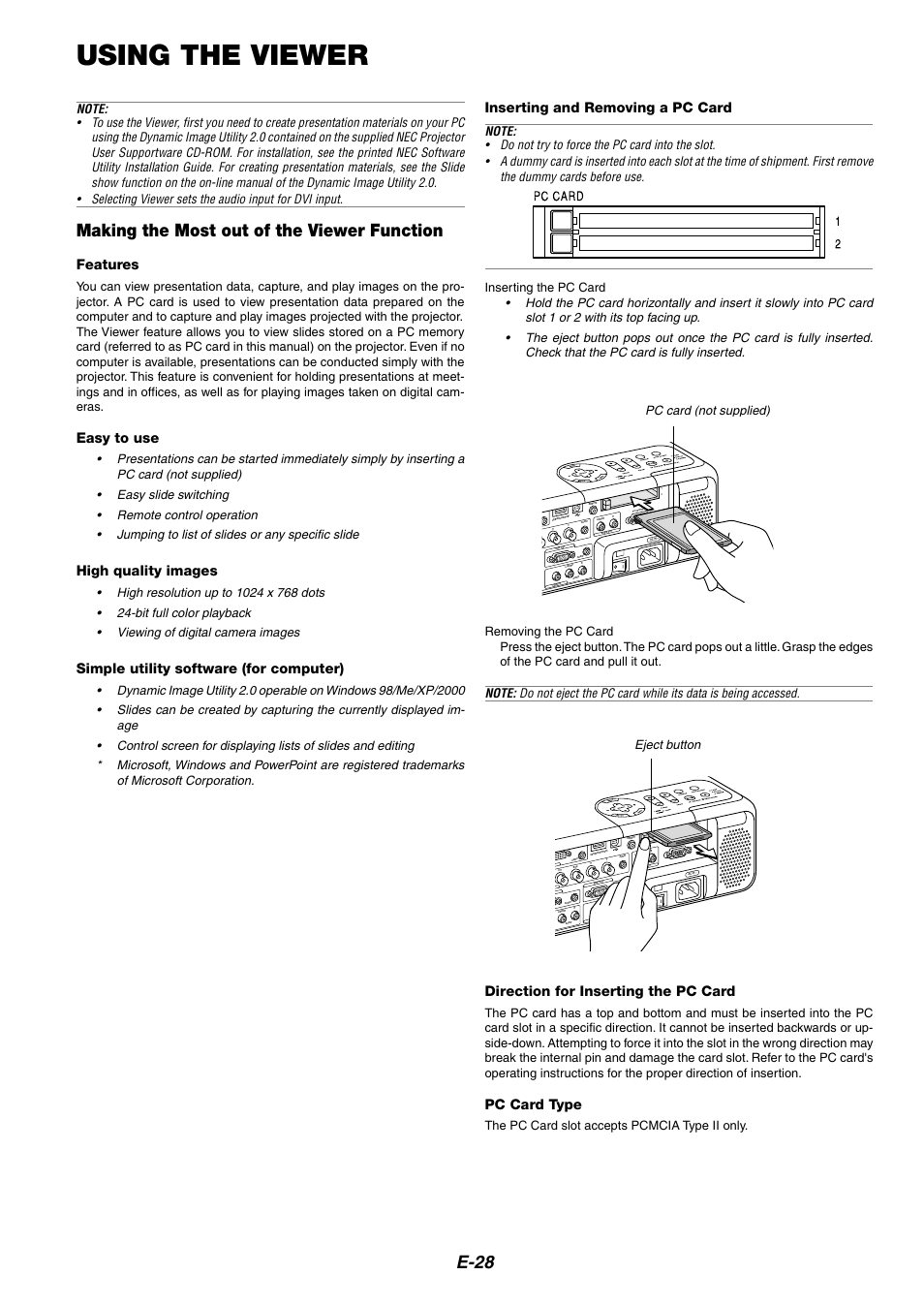 Using the viewer, E-28, Making the most out of the viewer function | Features, Easy to use, High quality images, Simple utility software (for computer), Direction for inserting the pc card, Pc card type, Inserting and removing a pc card | NEC MT1065 User Manual | Page 32 / 70