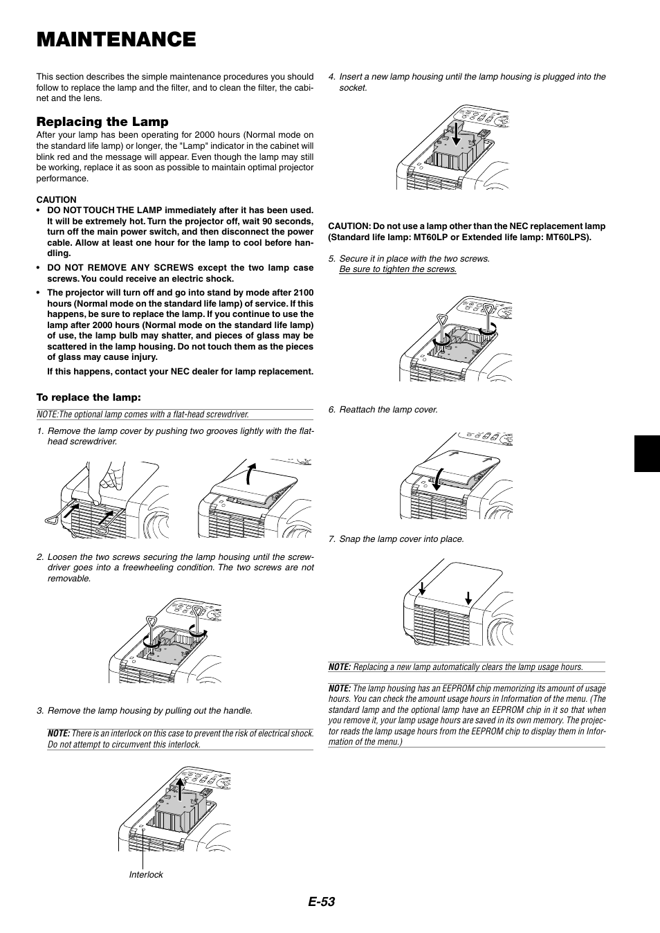 Maintenance, E-53, Replacing the lamp | NEC MT1065 User Manual | Page 57 / 70