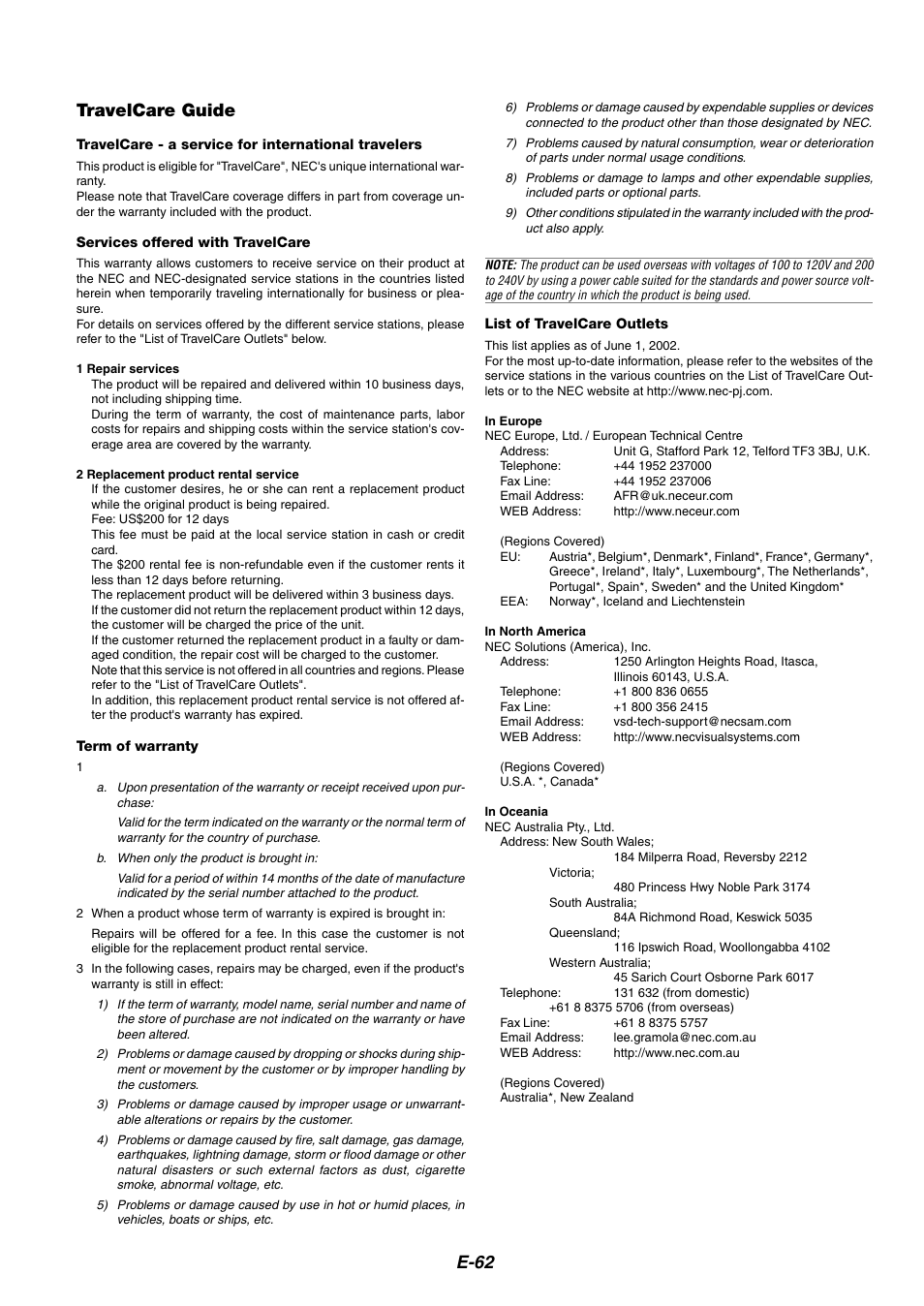 E-62 travelcare guide | NEC MT1065 User Manual | Page 66 / 70